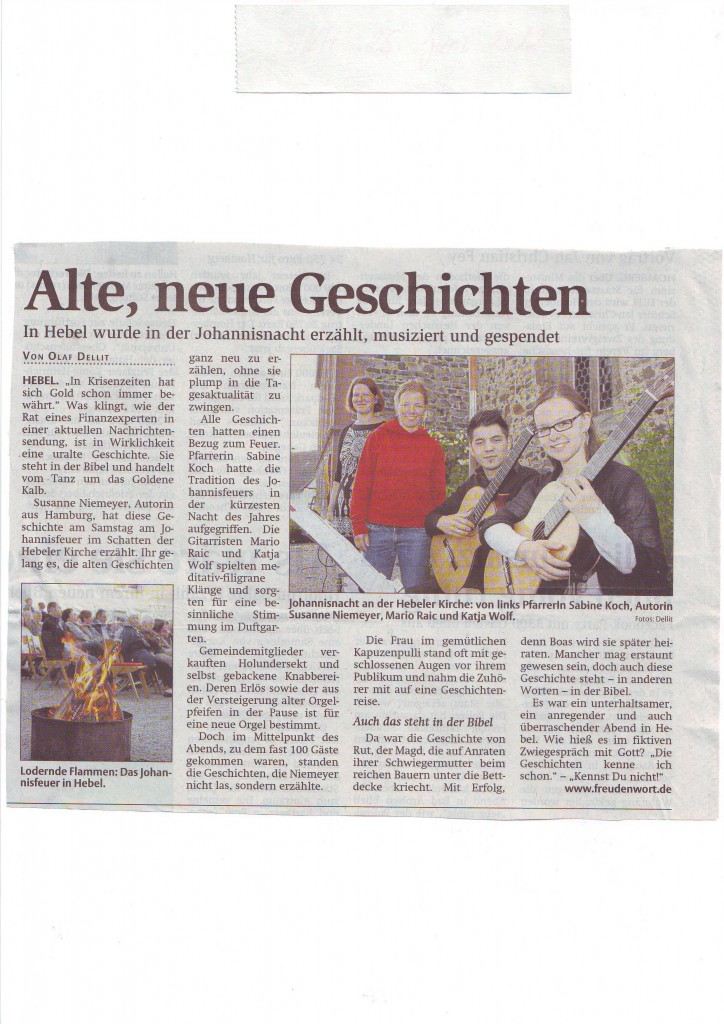Bericht der Regionalzeitung HNA vom 25. 06. 2012 über die Veranstaltung mit dem Gitarrenduo Katja Wolf und Mario Raic.Bericht des "EXTRA TIP" vom 01. 07. 2012