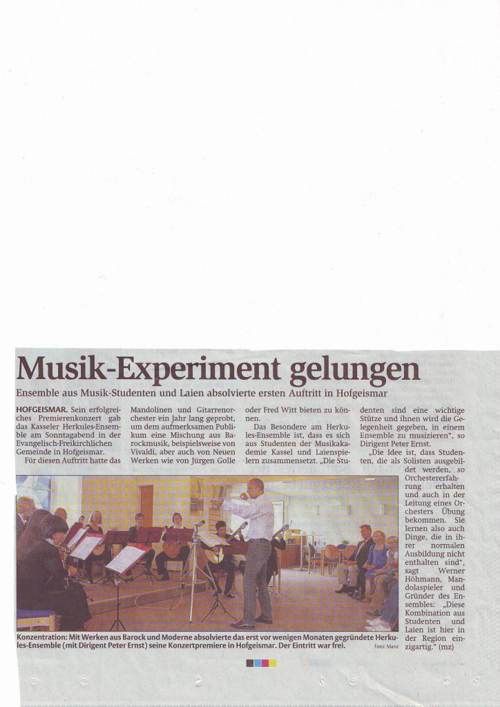 Bericht der Regionalzeitung HNA über das Konzert in der Evangelisch- Freikirchlichen Gemeinde in Hofgeismar.